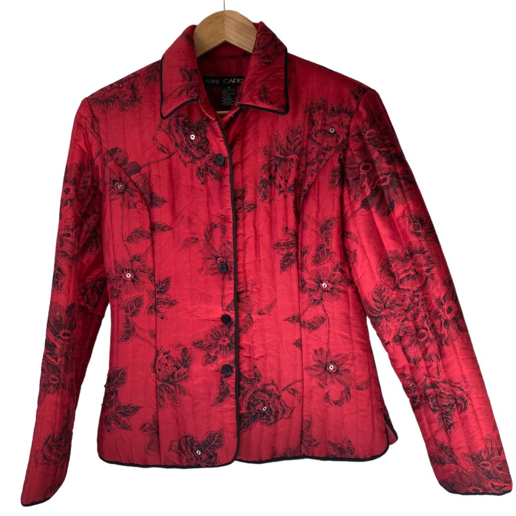 Anne Carson Vintage Red Quilted Silk Jacket Black Floral Rhinestones Office M